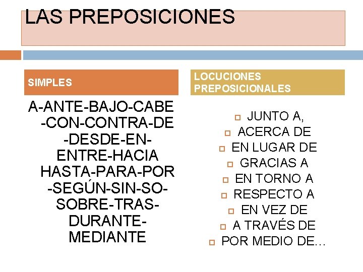LAS PREPOSICIONES SIMPLES A-ANTE-BAJO-CABE -CONTRA-DE -DESDE-ENENTRE-HACIA HASTA-PARA-POR -SEGÚN-SIN-SOSOBRE-TRASDURANTEMEDIANTE LOCUCIONES PREPOSICIONALES JUNTO A, ACERCA DE