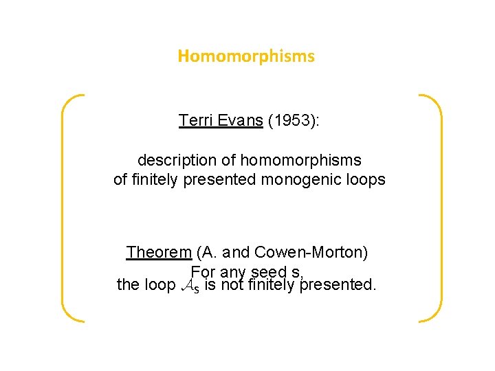 Homomorphisms Terri Evans (1953): description of homomorphisms of finitely presented monogenic loops Theorem (A.