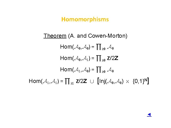 Homomorphisms Theorem (A. and Cowen-Morton) Hom(A 0, A 0) = ∏≥ 0 A 0