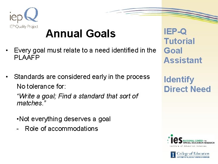 Annual Goals • Every goal must relate to a need identified in the PLAAFP