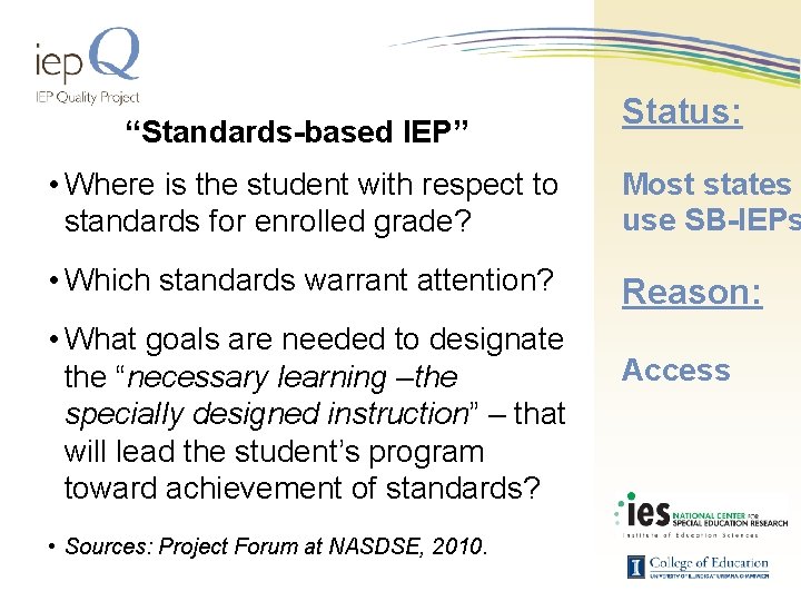 “Standards-based IEP” Status: • Where is the student with respect to standards for enrolled