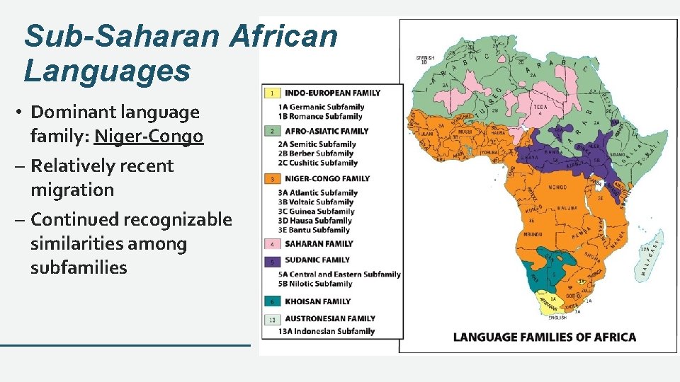 Sub-Saharan African Languages • Dominant language family: Niger-Congo – Relatively recent migration – Continued