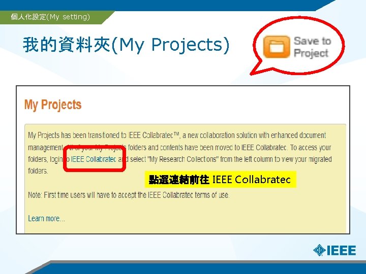 個人化設定(My setting) 我的資料夾(My Projects) 點選連結前往 IEEE Collabratec 