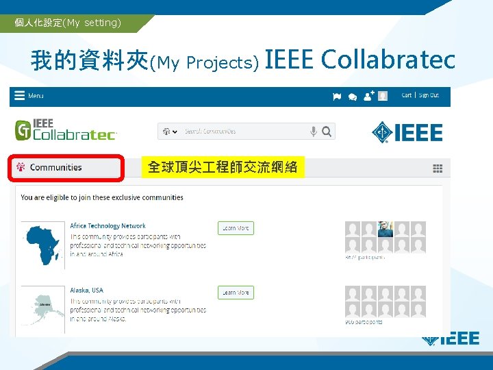 個人化設定(My setting) 我的資料夾(My Projects) IEEE Collabratec 全球頂尖 程師交流網絡 