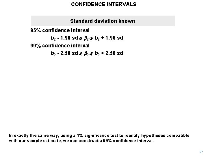 CONFIDENCE INTERVALS Standard deviation known 95% confidence interval b 2 - 1. 96 sd