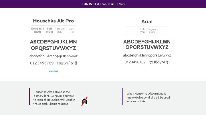 FONTS STYLES & TEXT LINKS Houschka Alternatives is the primary font. Using an incorrect