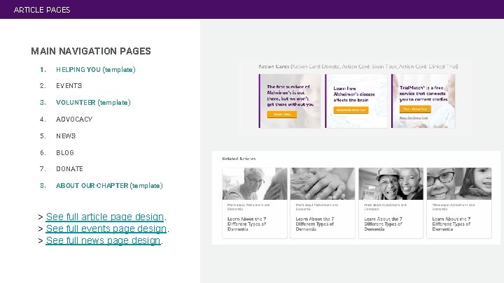 ARTICLE PAGES MAIN NAVIGATION PAGES 1. HELPING YOU (template) 2. EVENTS 3. VOLUNTEER (template)