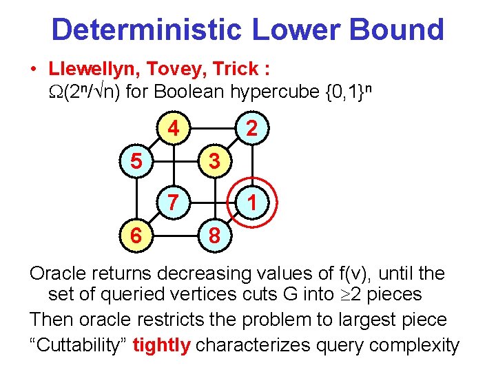 Deterministic Lower Bound • Llewellyn, Tovey, Trick : (2 n/ n) for Boolean hypercube