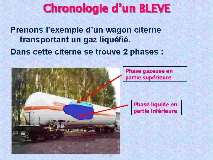 Chronologie d’un BLEVE Prenons l’exemple d’un wagon citerne transportant un gaz liquéfié. Dans cette