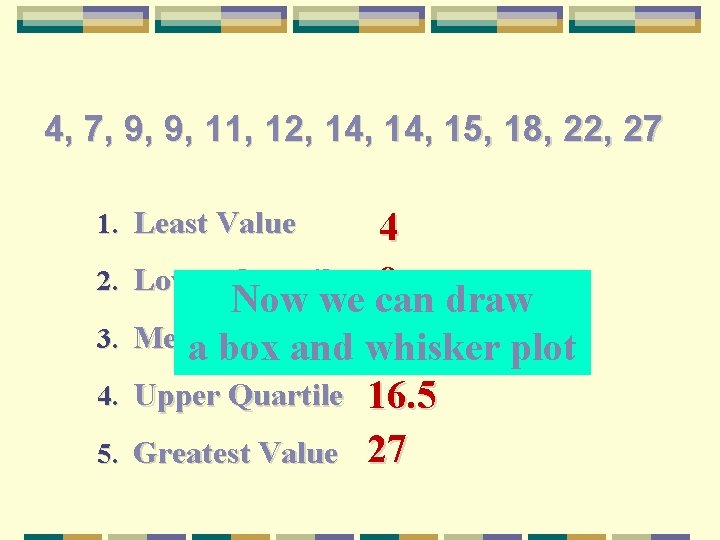 4, 7, 9, 9, 11, 12, 14, 15, 18, 22, 27 1. Least Value 4, 7, 9, 9, 11, 12, 14, 15, 18, 22, 27 1. Least Value