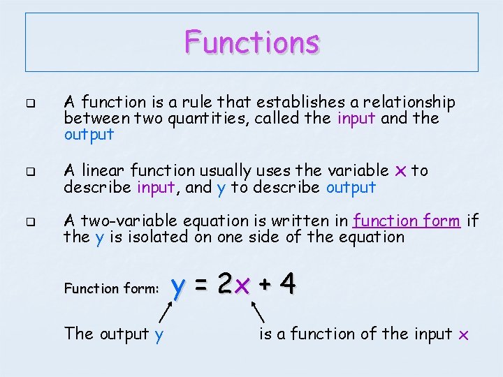 Functions q A function is a rule that establishes a relationship between two quantities, Functions q A function is a rule that establishes a relationship between two quantities,