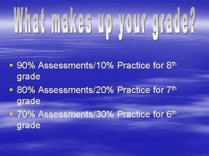 § 90% Assessments/10% Practice for 8 th grade § 80% Assessments/20% Practice for 7