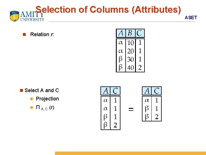 Selection of Columns (Attributes) ASET n Relation r: n Select A and C l