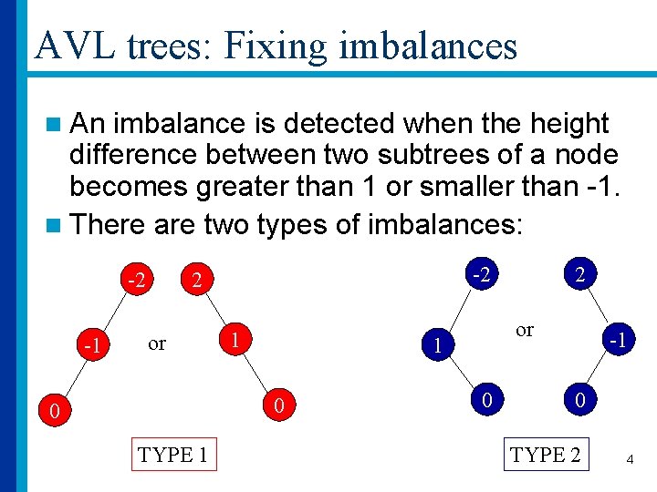 AVL trees: Fixing imbalances n An imbalance is detected when the height difference between