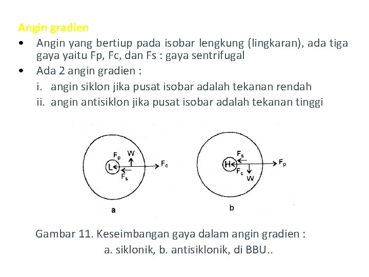 Angin gradien • Angin yang bertiup pada isobar lengkung (lingkaran), ada tiga gaya yaitu