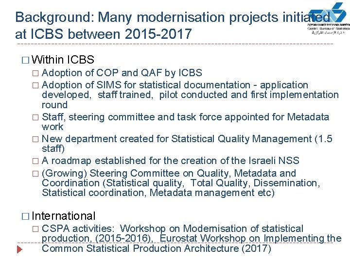 Background: Many modernisation projects initiated at ICBS between 2015 -2017 � Within ICBS Adoption