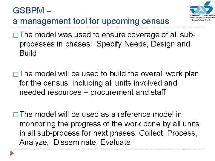 GSBPM – a management tool for upcoming census � The model was used to