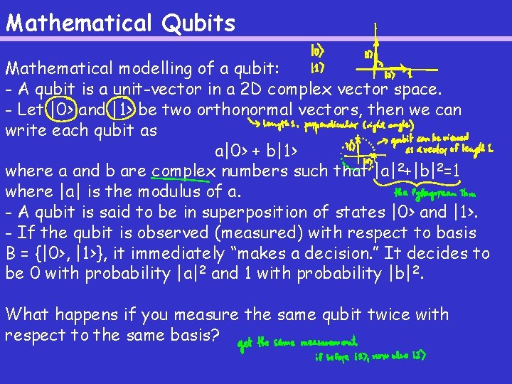 Mathematical Qubits Mathematical modelling of a qubit: - A qubit is a unit-vector in