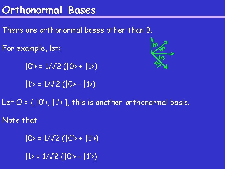 Orthonormal Bases There are orthonormal bases other than B. For example, let: |0’> =