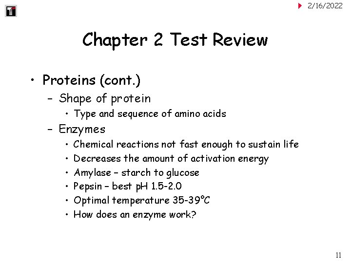 2/16/2022 Chapter 2 Test Review • Proteins (cont. ) – Shape of protein •