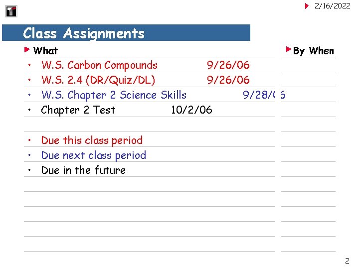 2/16/2022 Class Assignments What • • By When W. S. Carbon Compounds 9/26/06 W.