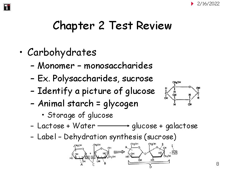 2/16/2022 Chapter 2 Test Review • Carbohydrates – – Monomer – monosaccharides Ex. Polysaccharides,