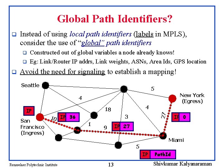 Global Path Identifiers? q Instead of using local path identifiers (labels in MPLS), consider