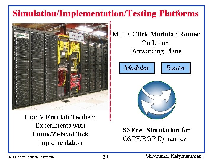 Simulation/Implementation/Testing Platforms MIT’s Click Modular Router On Linux: Forwarding Plane Modular Utah’s Emulab Testbed: