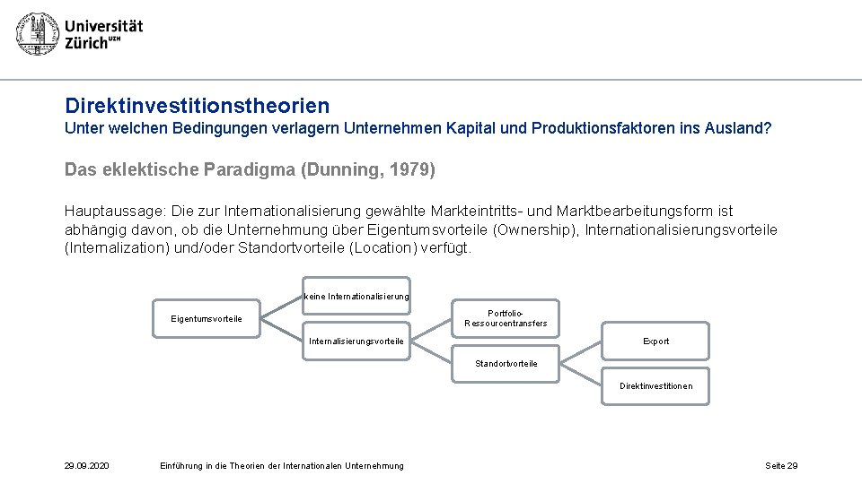 Direktinvestitionstheorien Unter welchen Bedingungen verlagern Unternehmen Kapital und Produktionsfaktoren ins Ausland? Das eklektische Paradigma