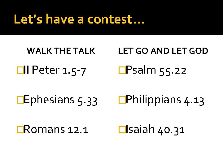 Let’s have a contest… WALK THE TALK LET GO AND LET GOD �II Peter