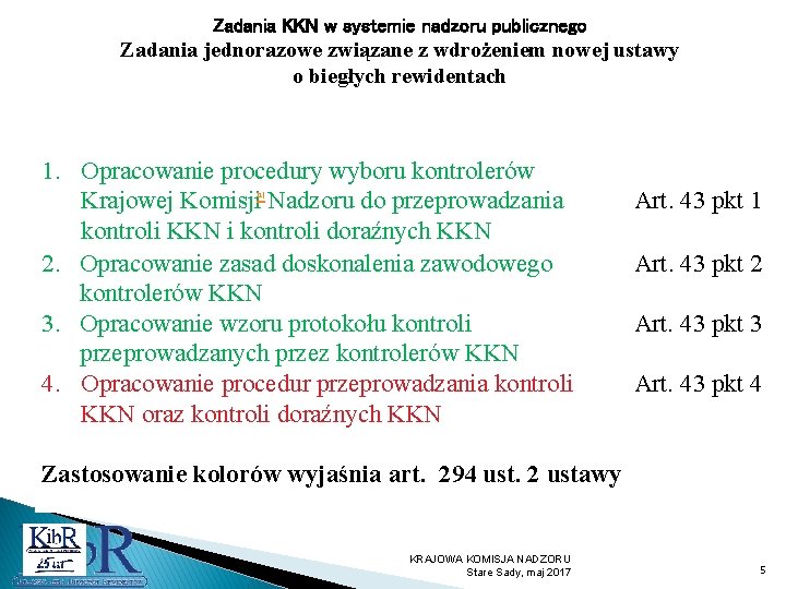 Zadania KKN w systemie nadzoru publicznego Zadania jednorazowe związane z wdrożeniem nowej ustawy o