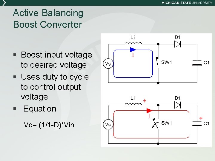 Active Balancing Boost Converter § Boost input voltage to desired voltage § Uses duty