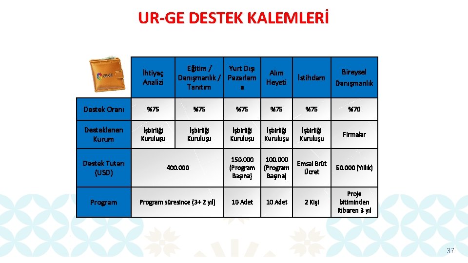 UR-GE DESTEK KALEMLERİ İhtiyaç Analizi Eğitim / Yurt Dışı Danışmanlık / Pazarlam Tanıtım a