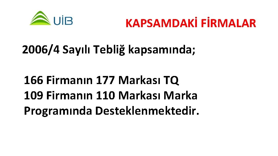 KAPSAMDAKİ FİRMALAR 2006/4 Sayılı Tebliğ kapsamında; 166 Firmanın 177 Markası TQ 109 Firmanın 110