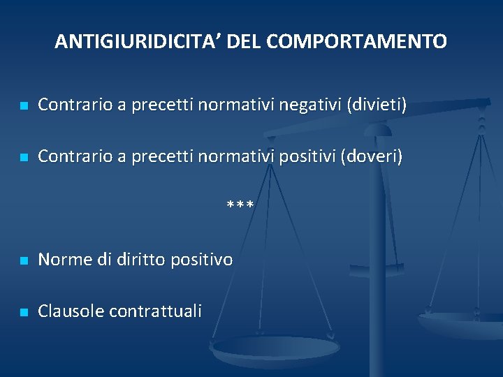 ANTIGIURIDICITA’ DEL COMPORTAMENTO n Contrario a precetti normativi negativi (divieti) n Contrario a precetti