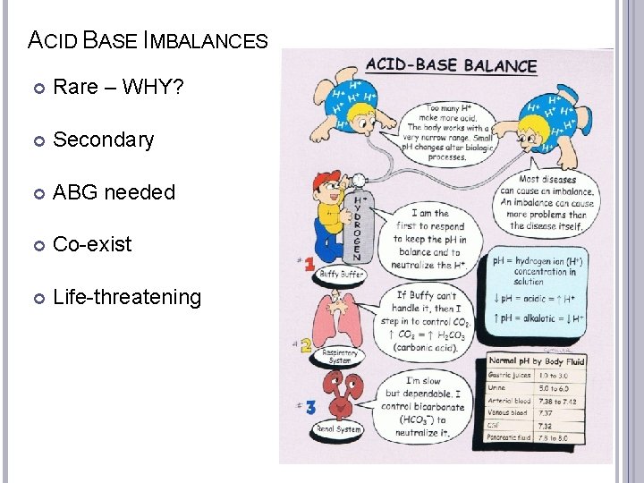 ACID BASE IMBALANCES Rare – WHY? Secondary ABG needed Co-exist Life-threatening 