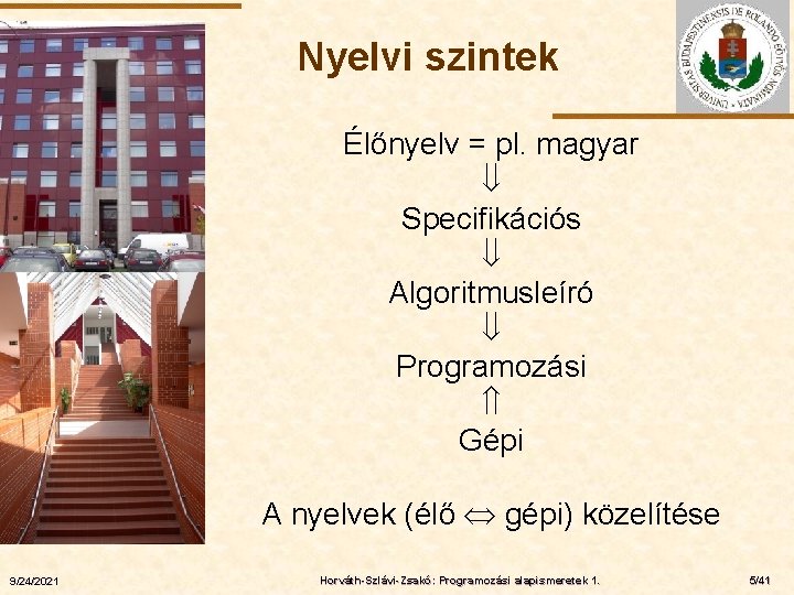 Nyelvi szintek ELTE Élőnyelv = pl. magyar Specifikációs Algoritmusleíró Programozási Gépi A nyelvek (élő