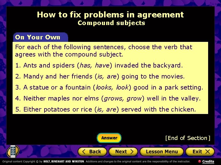 How to fix problems in agreement Compound subjects On Your Own For each of