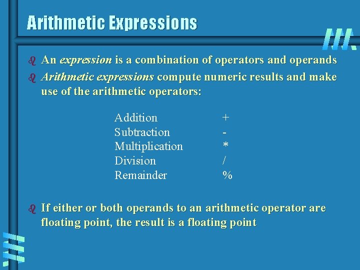 Arithmetic Expressions b b An expression is a combination of operators and operands Arithmetic Arithmetic Expressions b b An expression is a combination of operators and operands Arithmetic