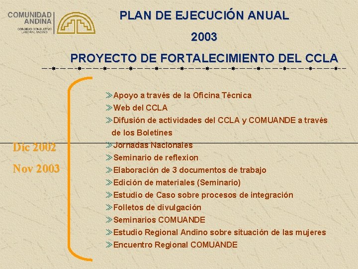 PLAN DE EJECUCIÓN ANUAL 2003 PROYECTO DE FORTALECIMIENTO DEL CCLA ≫Apoyo a través de