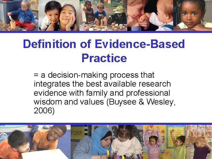 Definition of Evidence-Based Practice = a decision-making process that integrates the best available research