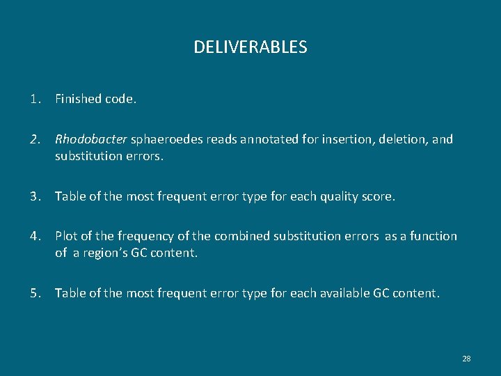 DELIVERABLES 1. Finished code. 2. Rhodobacter sphaeroedes reads annotated for insertion, deletion, and substitution