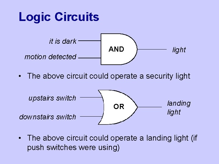 Logic Circuits it is dark motion detected AND light • The above circuit could