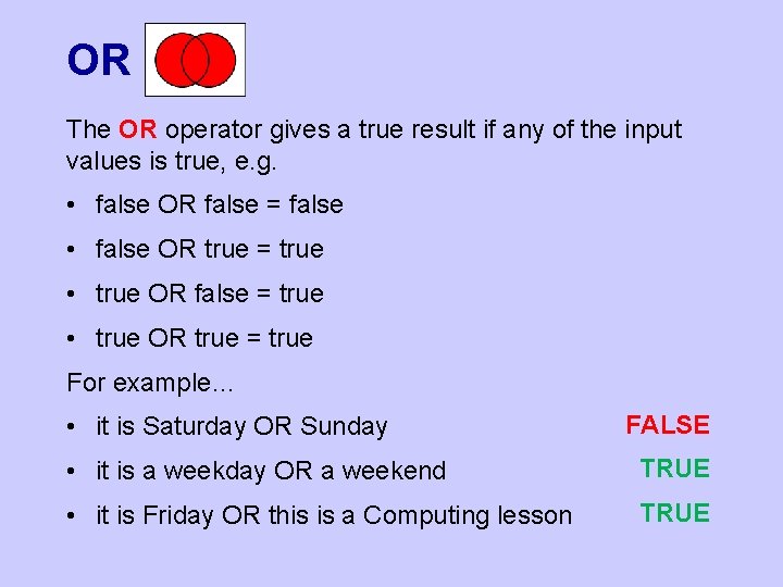OR The OR operator gives a true result if any of the input values