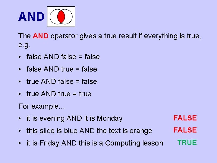 AND The AND operator gives a true result if everything is true, e. g.