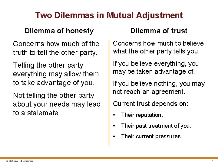 Two Dilemmas in Mutual Adjustment Dilemma of honesty Dilemma of trust Concerns how much