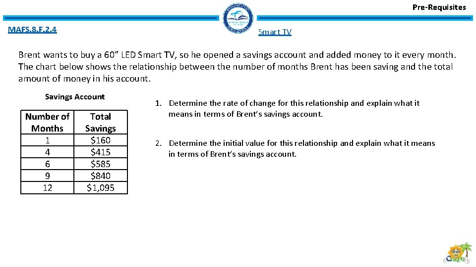 Pre-Requisites MAFS. 8. F. 2. 4 Smart TV Brent wants to buy a 60”