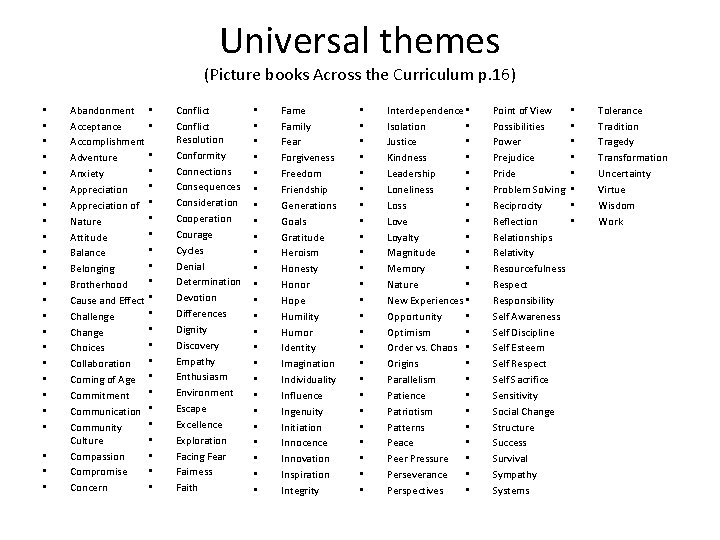 Universal themes (Picture books Across the Curriculum p. 16) • • • • •