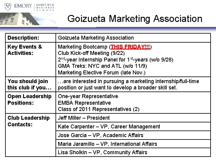 Goizueta Marketing Association Description: Goizueta Marketing Association Key Events & Activities: Marketing Bootcamp (THIS