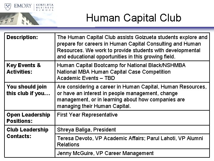 Human Capital Club Description: The Human Capital Club assists Goizueta students explore and prepare